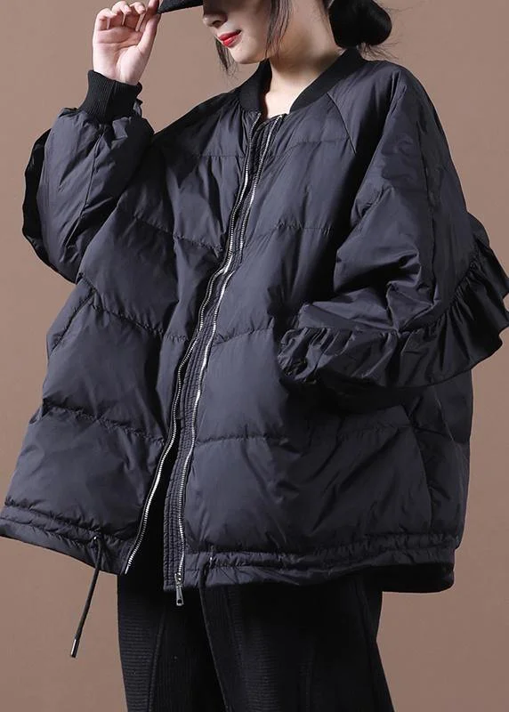 Casual black warm winter coat oversize winter jacket stand collar Ruffles Casual Jackets