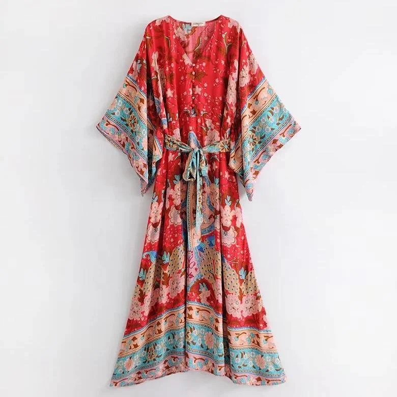 Red V-neck Bohemia Kimono Style Dresses