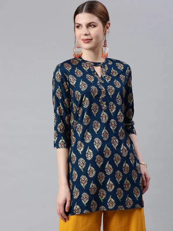 Women's Teal Blue & Golden Printed Kurti - Anubhutee