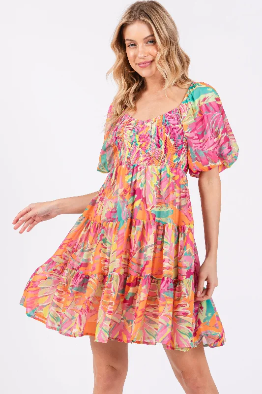 Fuchsia Printed Smocked Puff Sleeve Dress