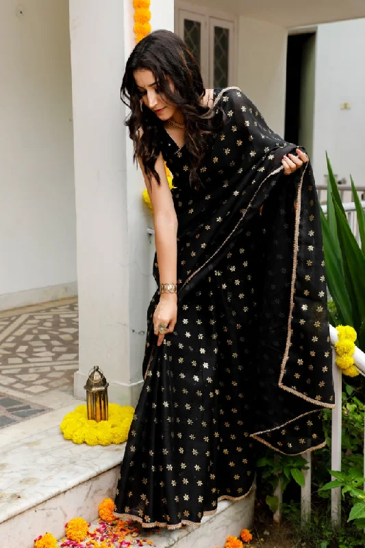 Women's Black Kota Doria Saree - Indi Inside