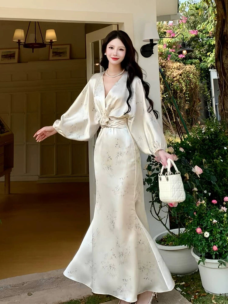 white long-sleeved satin dress long party dress      S5971