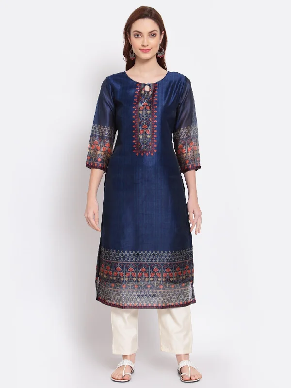 Women's Navy Blue Printed Chanderi Silk 3/4 Sleeve Round Neck Casual Kurta - Myshka