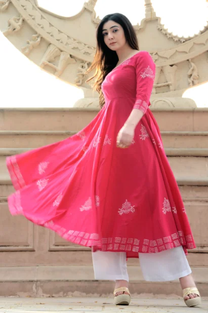 Women's Block Printed Anarkali Pink Kurta-(1pc) - Indi Inside