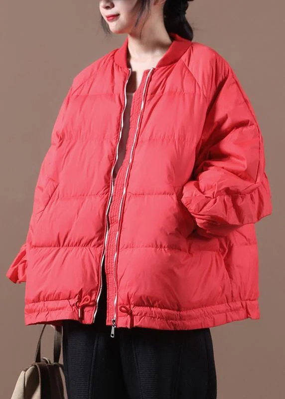 New casual womens parka Jackets red stand collar Ruffles warm winter coat