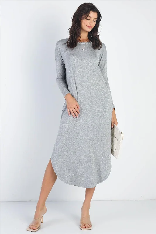 Heather Grey Long Sleeve Midi Dress /1-1-1