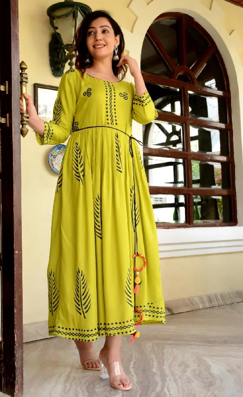 Women's Block Printed Anarkali Green Kurta-(1pc) - Indi Inside