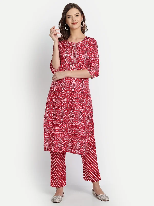 Women Red Bandhani Print Cotton Kurta with Trousers by Anubhutee (Set of 2)