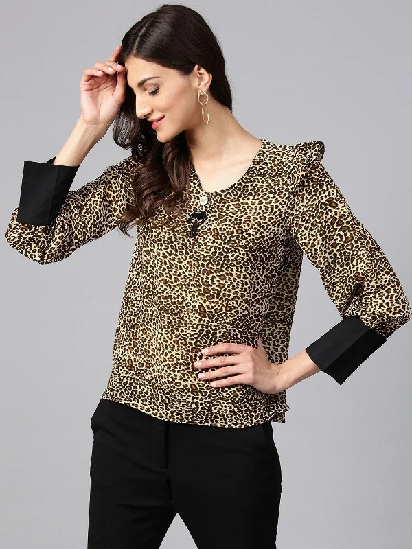 Women's Brown Animal Print Top With Neck Brotch - Pannkh