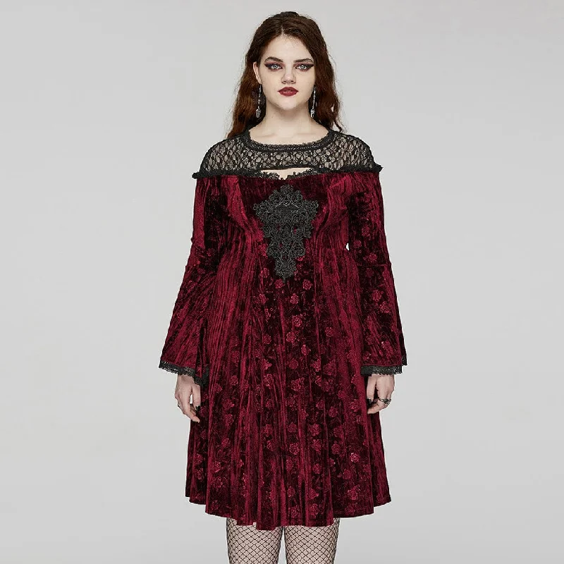 Women's Plus Size Gothic Flared Sleeved Embossed Velvet Red Formal Dress