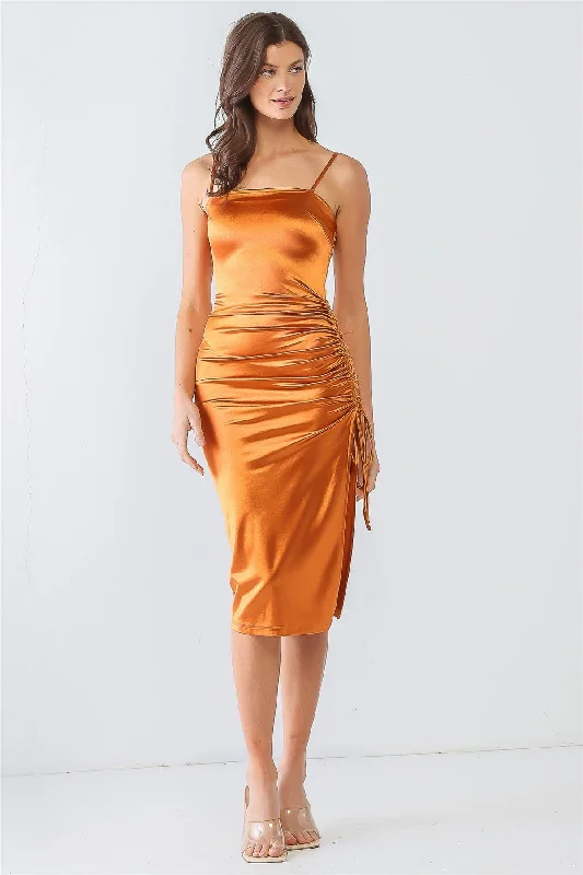 Rust Satin Strappy Ruched Side Slit Midi Dress