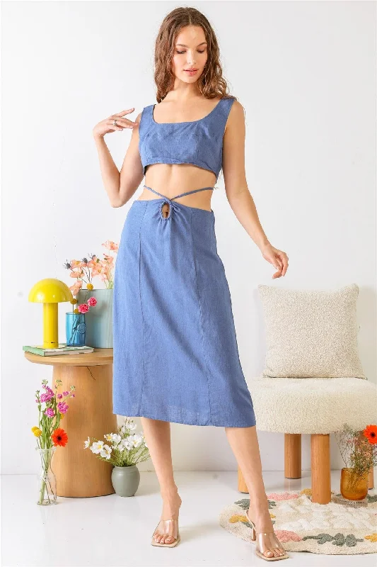 Blue Sleeveless Square Neck Self-Tie Strap Cut-Out Midi Dress /3-2-1