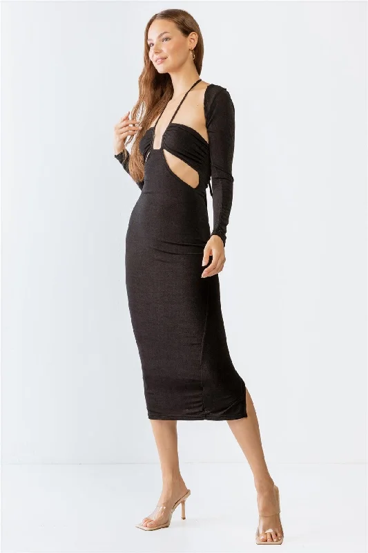 Black Cut-Out Sleeveless Midi Dress & Open Front Long Sleeve Cover-Up Set /3-2-2