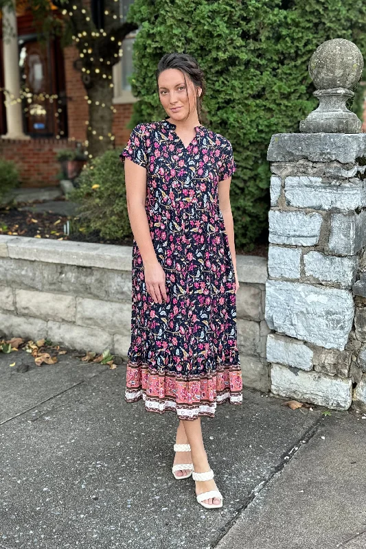 The Larissa Flutter Sleeve Midi Dress in Navy Floral