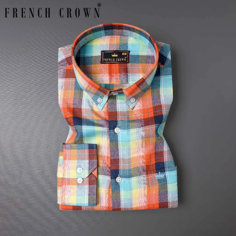 Pickled Blue with Burning Orange Multicolour Checkered Tencel Shirt