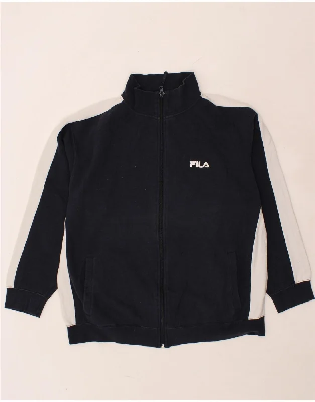 FILA Womens Tracksuit Top Jacket UK 16 Large Navy Blue Colourblock Cotton