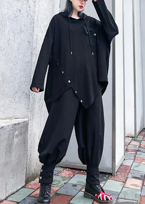 Chic hooded asymmetric cotton tunic Fabrics black blouse