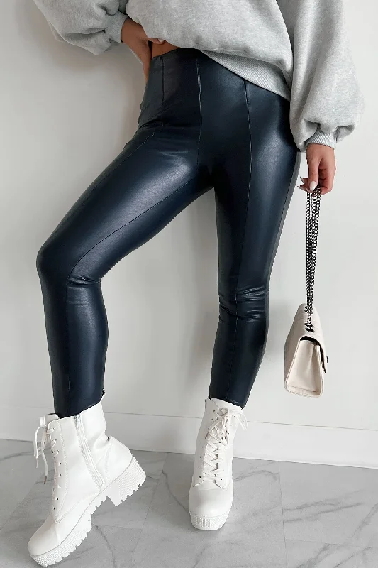 Losing Your Mind Faux Leather Leggings (Navy)