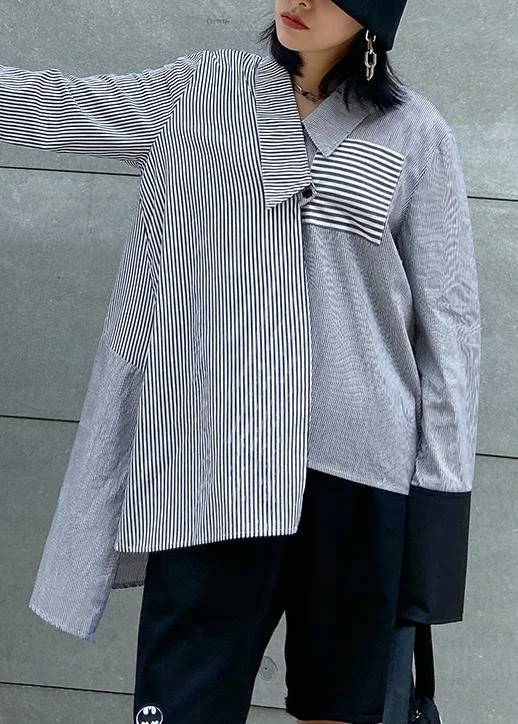 Chic striped shirts women side open asymmetric tunic blouse