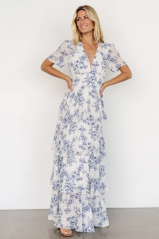 Montaigne Ruffle Maxi Dress | Off White + Blue