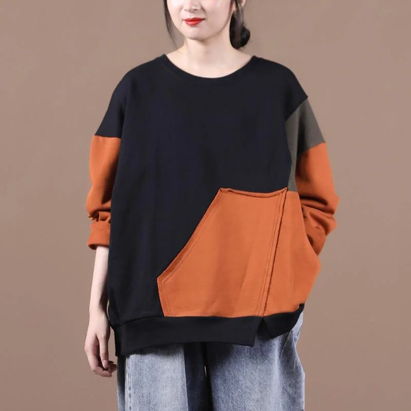 diy orange tops women o neck patchwork short fall shirts