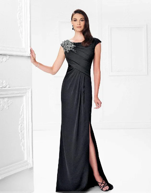 Mon Cheri Beaded Draped Sheath Gown