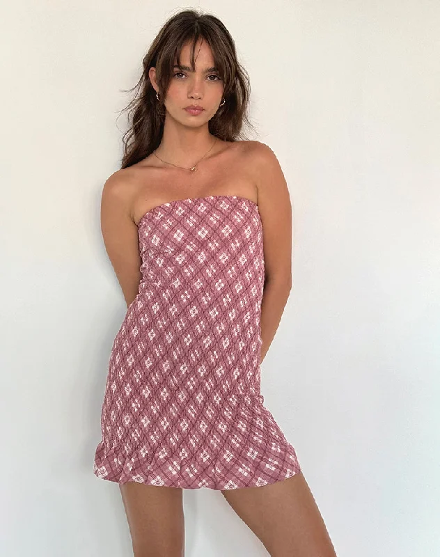 Takiyo Bandeau Mini Dress in Pink Tartan