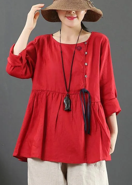 DIY O Neck Cinched Spring Shirts Women Sewing Red Top