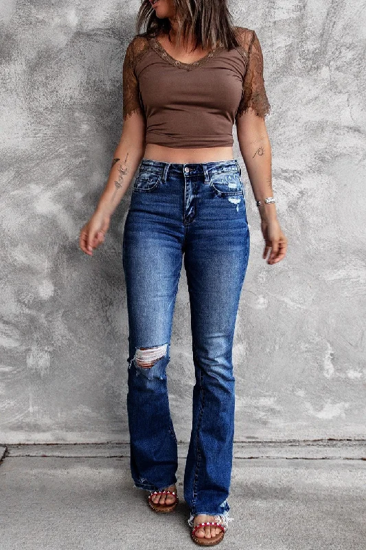 DressBetty - Holes Ripped Tassel Flare Jeans High Waist Denim Ladies Vintage Stretch Slim Jeans