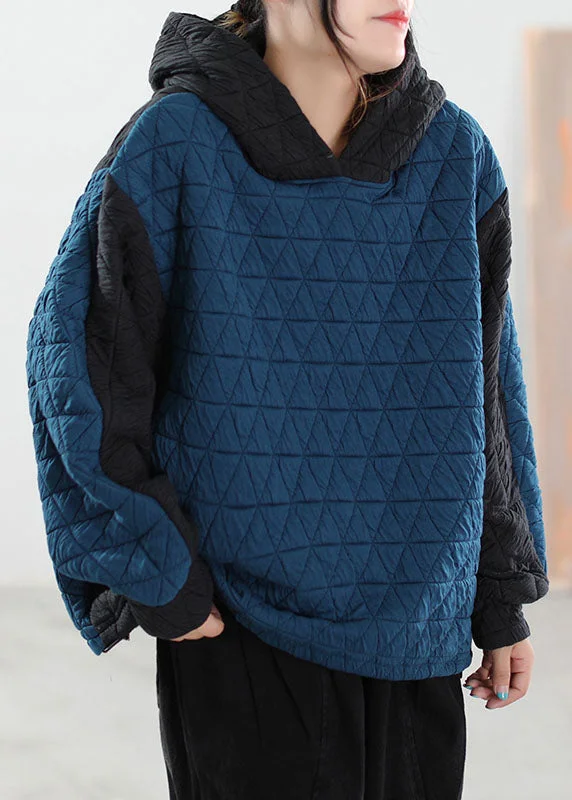 Modern Blue Hooded Patchwork Fine Cotton Filled Sweatshirt Winter