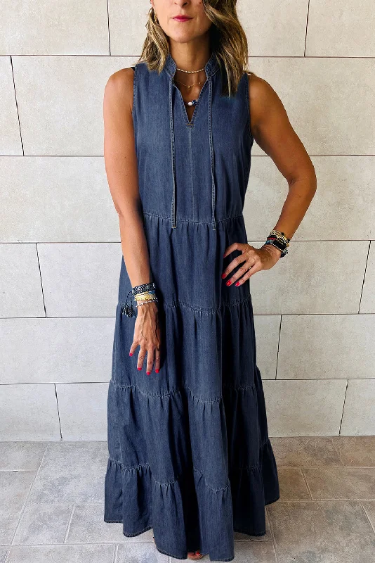 Teal Sleeveless Tiered Chambray Maxi Dress