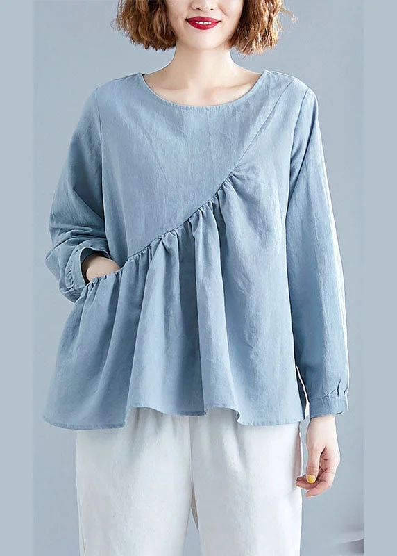 Loose Blue O-Neck Pockets Patchwork Fall Long sleeve Top