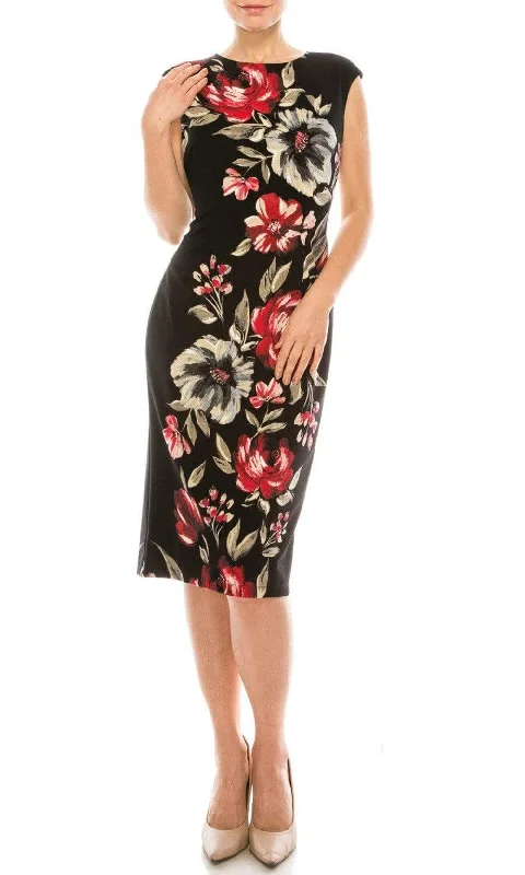 London Times - T5088M Painted Floral Print Knee Length Sheath Dress