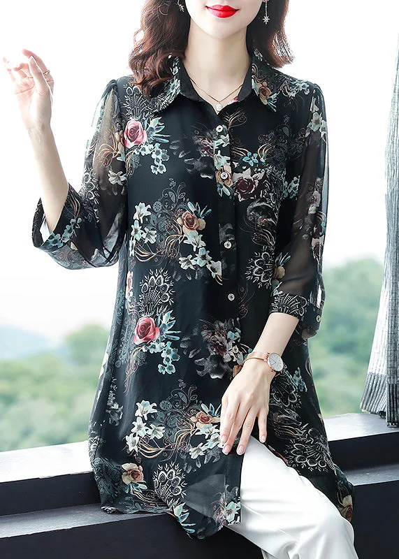 Chic Black Button Peter Pan Collar Print Long Chiffon Blouses Three Quarter sleeve