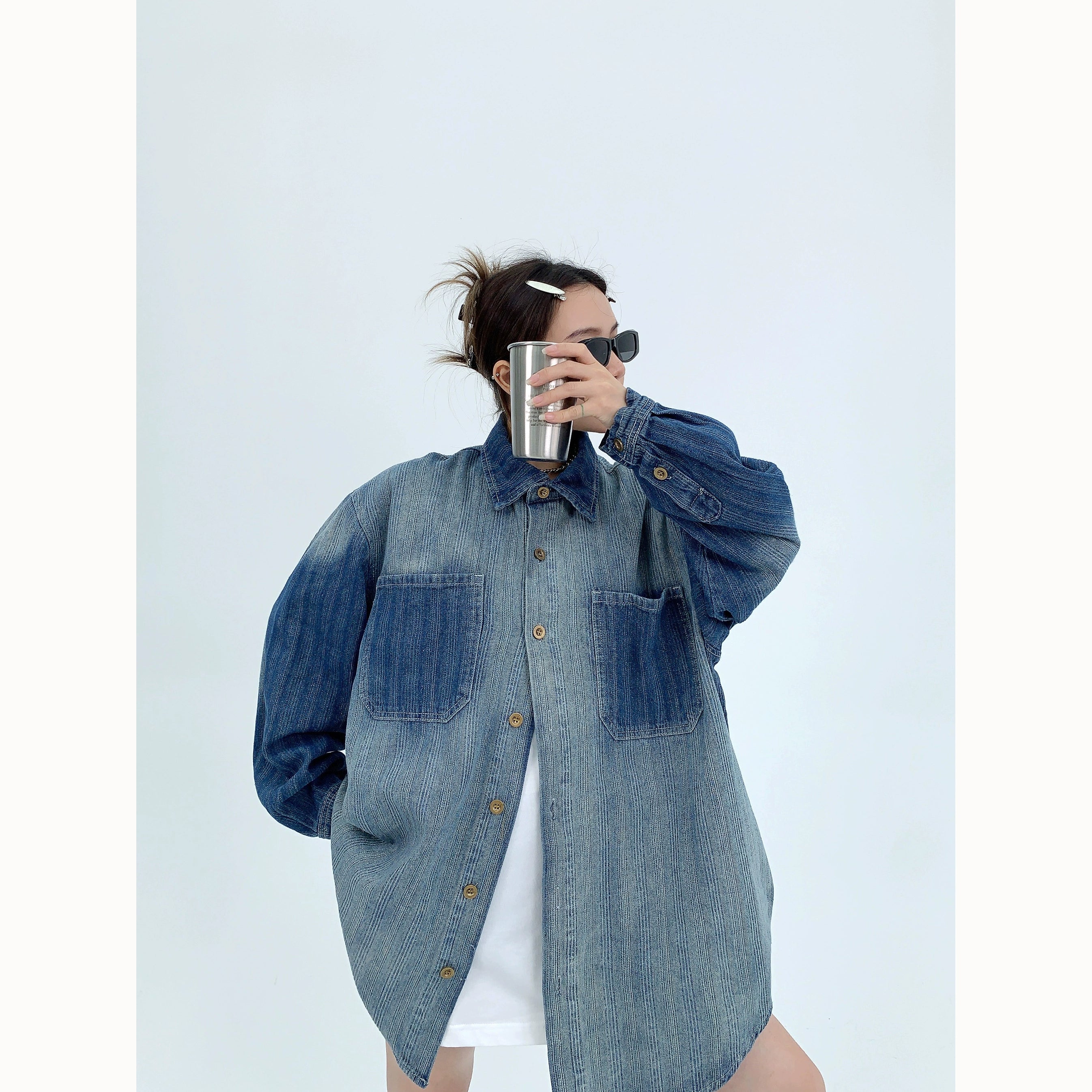 Button Closure Gradient Denim Shirt