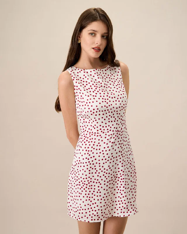 Women's White Boat Neck Polka Dot Mini Dress