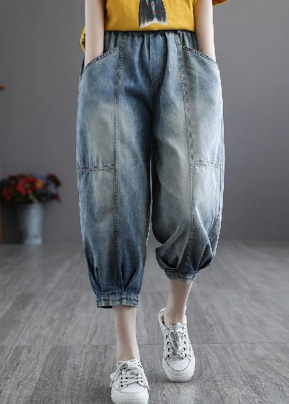 Italian Blue Pockets Elastic Waist Harem Pants denim