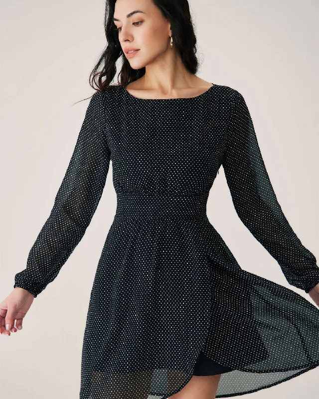 Black Polka Dot Boat Neck Mini Dress