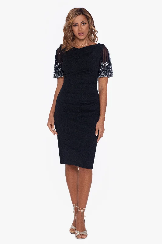 Petite "Emily" Short Scuba Crepe Beaded Sleeve Dress