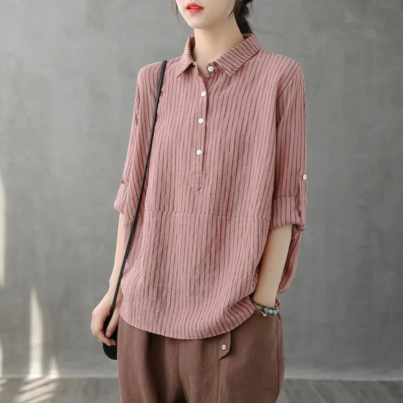 Modern lapel Button Down tops women Fabrics pink striped shirt