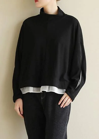 Classy black cotton tunic top open long sleeve Knee half high neck tops