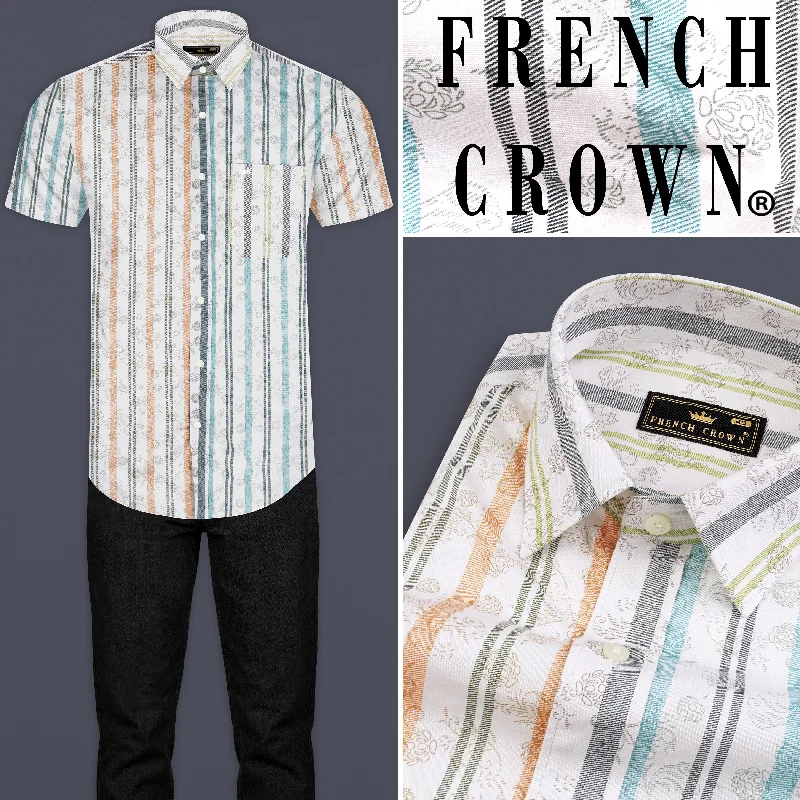 Bright White Multicolour Striped with Floral Printed Subtle Sheen Super Soft Premium Cotton Designer Shirt