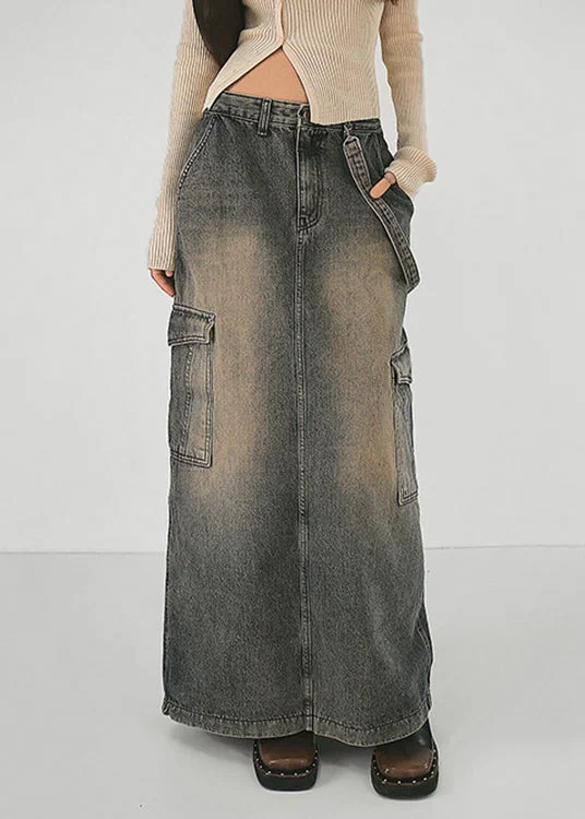 Modern Grey Pockets Side Open Patchwork Denim Maxi Skirts Fall