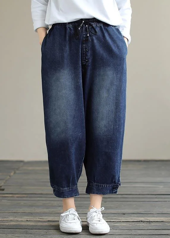 French Denim Blue Pants Plus Size Spring Elastic Waist Pockets Inspiration Women Pants