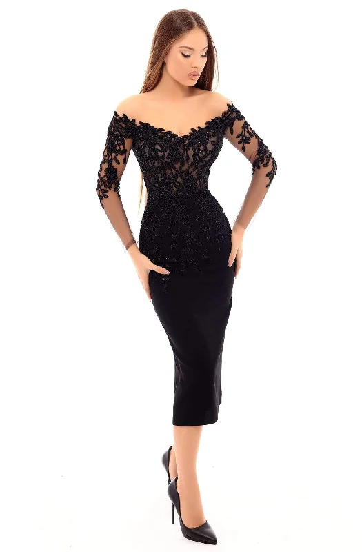 Tarik Ediz - Beaded Off-Shoulder Tea Length Fitted Dress 93615 - 1 pc Black In Size 16 Available