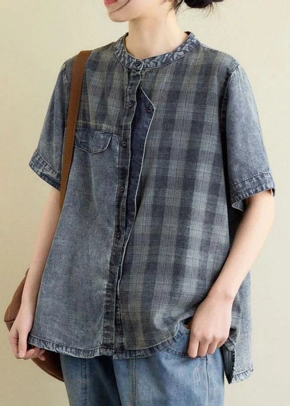 Vintage Blue Grey Denim Plaid Patchwork Summer Tops Short Sleeve