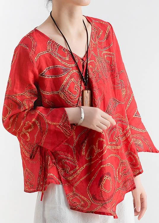 Cotton and linen women's summer V-neck lace high-end large size abstract red printed heart-shaped ramie shirt