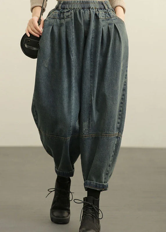 DIY Blue High Waist Pockets wrinkled Harem Fall Denim Pants