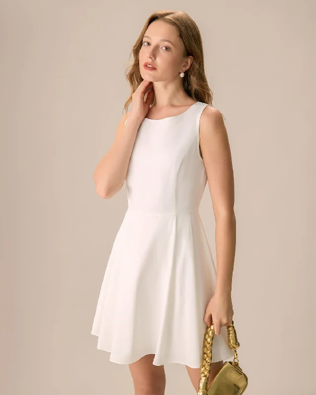 The White Round Neck Pleated Mini Dress