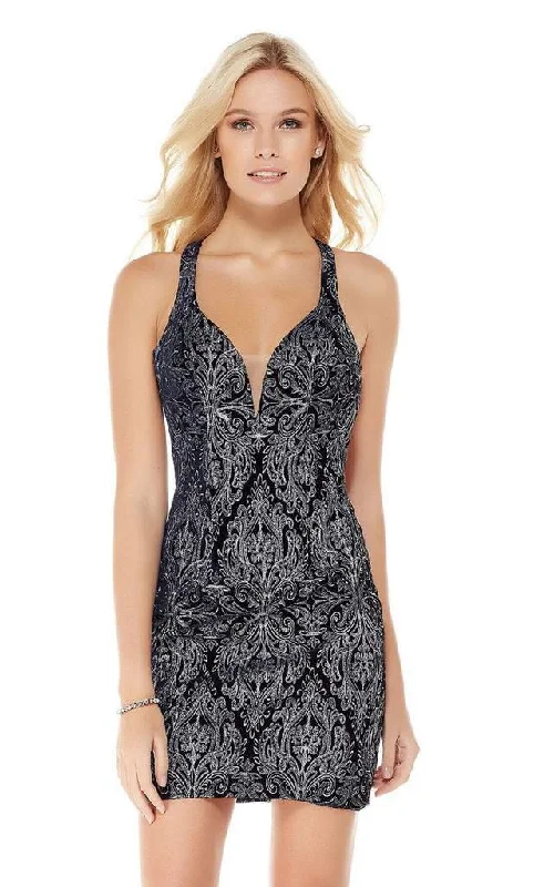 Alyce Paris - 4041 Velvet Deep V-neck Sheath Cocktail Dress - 1 pc Navy/Silver In Size 00 Available